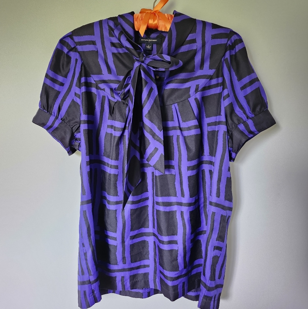 Banana Republic Black and Purple Geometric Tie-Neck Blouse